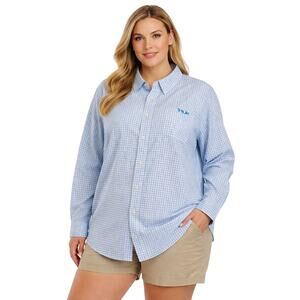 HUK Womens Blue Check Button Down Fishing Shirt Long Sleeve Size XL